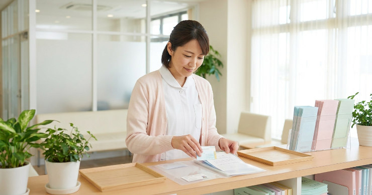 病院受付で診察資料を整理して渡す日本人受付スタッフ