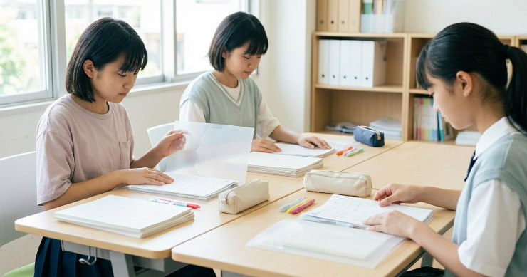 学習塾でB5教材を整理する日本人の子どもたち