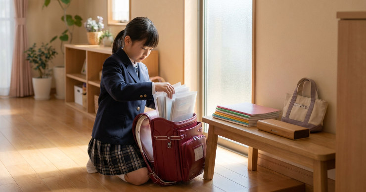 ランドセルにB5クリアファイルを収納する日本人小学生