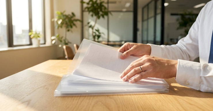 デスクの上でクリアファイルを使って書類整理をする様子