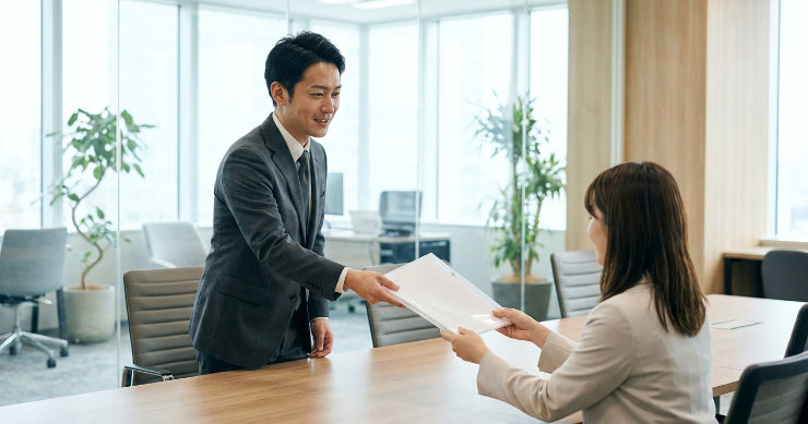 会議室で同僚にクリアファイルに入った資料を渡す日本人男性