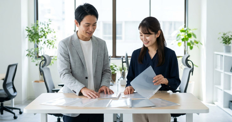 2種類のクリアファイルの手触りや厚みを見比べる日本人の男女