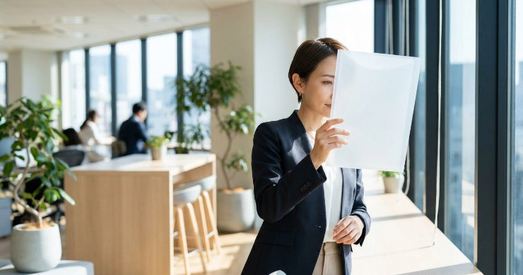 クリアファイルを窓からの自然光にかざして透け感を確認する日本人女性