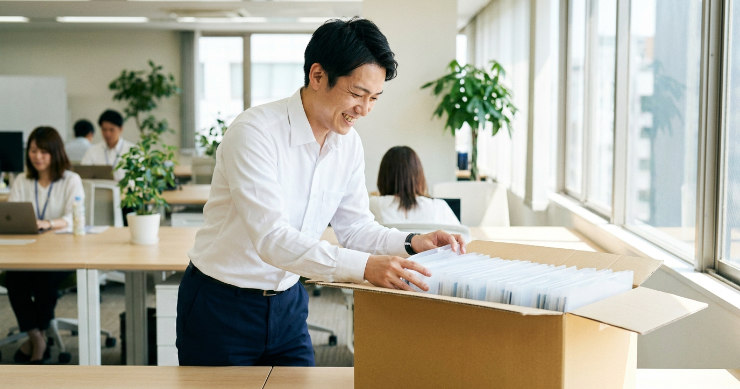 届いた段ボール箱から無地クリアファイルを取り出す日本人男性
