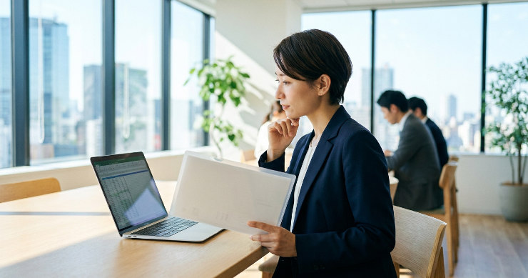 ノートPCを見ながら無地クリアファイルを手に持ち、価格を検討する日本人女性
