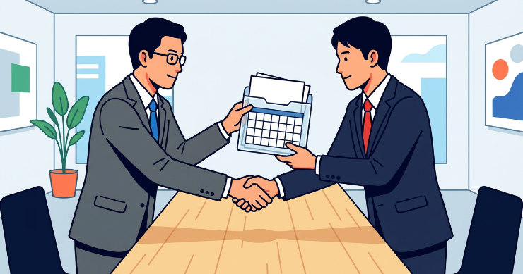 カレンダークリアファイルに資料を入れて渡す日本人ビジネスマンのフラットイラスト