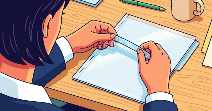 バッグ型クリアファイルの持ち手をミシン目で切り離している手元のフラットイラスト