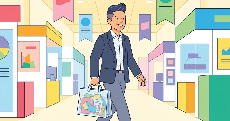 取っ手付きのクリアファイルを持ってイベント会場を歩く男性のフラットイラスト